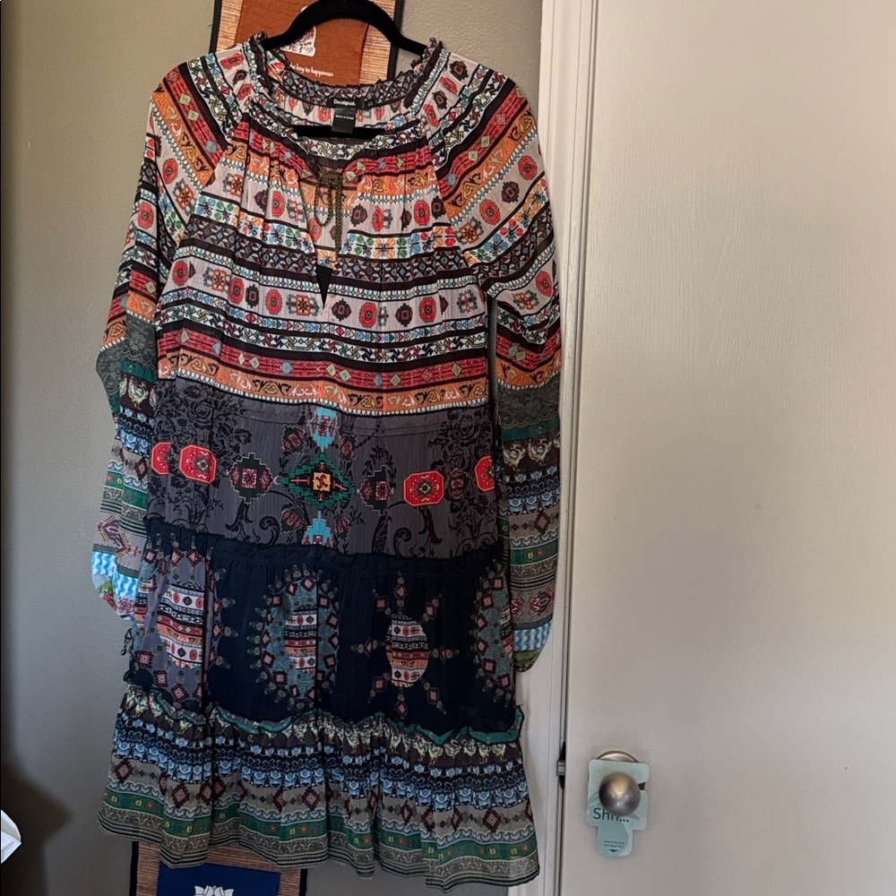Desigual Dress Sheer Long Sleeve Tie Cuff Tiered Ruffle Slip